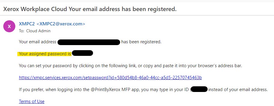 an example of the @PrintByXerox email registration confirmation